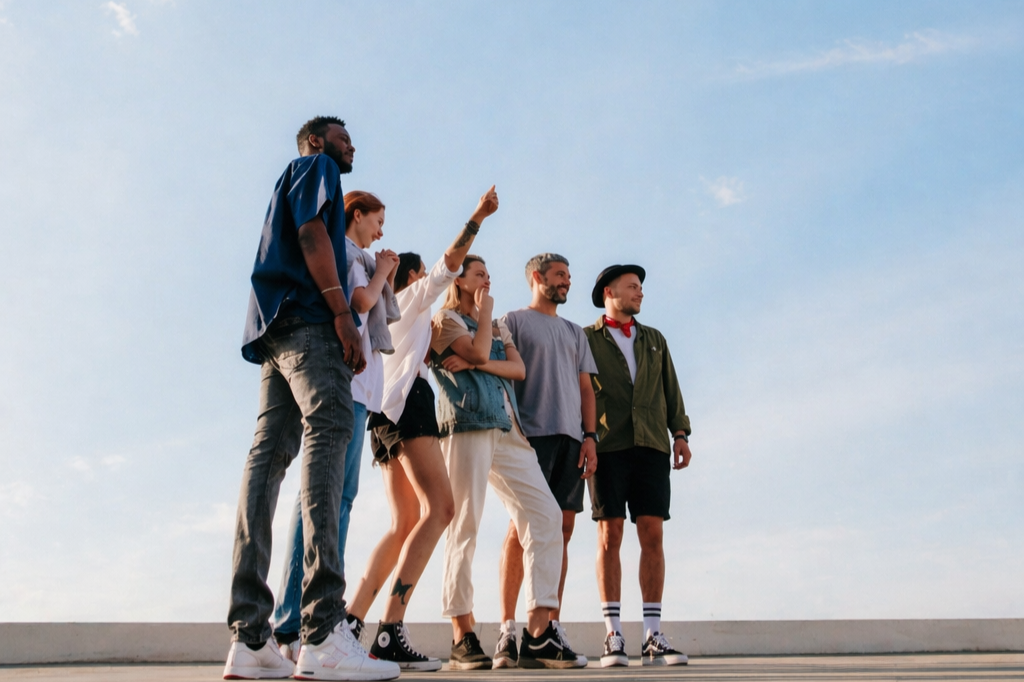 A diverse group of people standing together outdoors under a bright blue sky, looking ahead in a shared moment of connection and possibility.