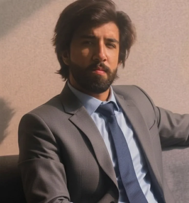 Man with medium-length dark hair and beard wearing a gray suit, light blue shirt, and blue tie, sitting on a couch in a softly lit setting with a neutral background.