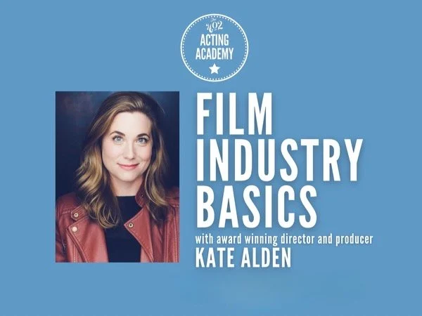 Promotional poster for "Film Industry Basics" with a photo of a woman in a leather jacket, featuring text about the course offered by "Acting Academy."