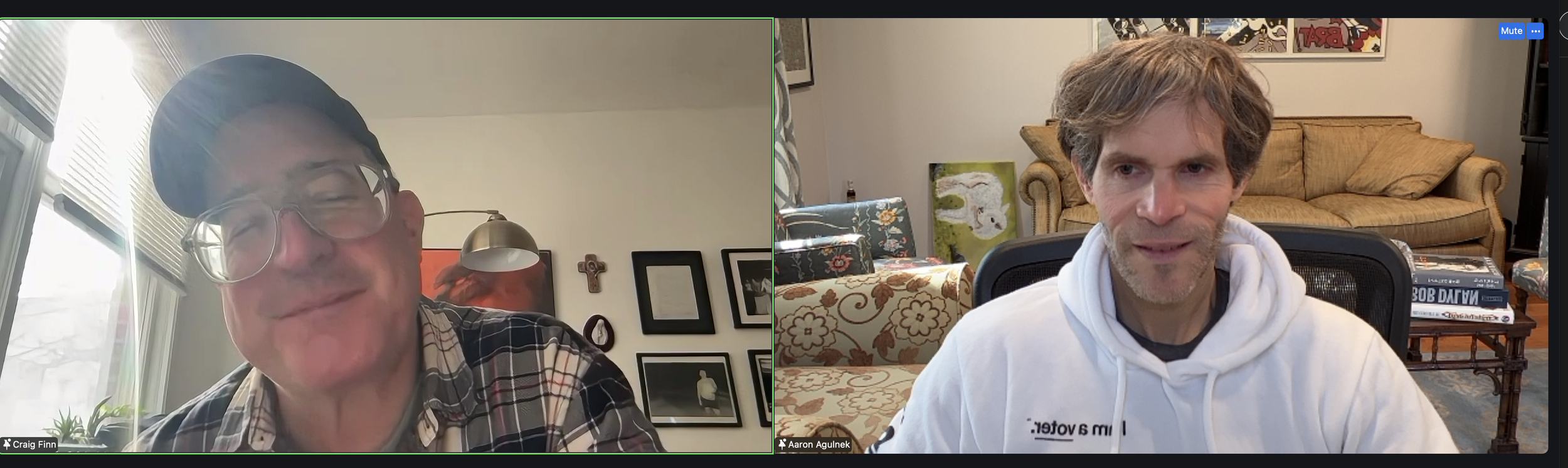 Virtual conversation between Aaron Agulnek of 27 South Strategies and musician Craig Finn discussing storytelling and advocacy in a class at Emerson College