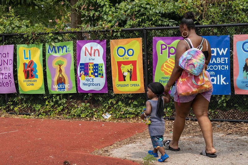 Mother and son explore Philly ABCs installation at Mander Playground