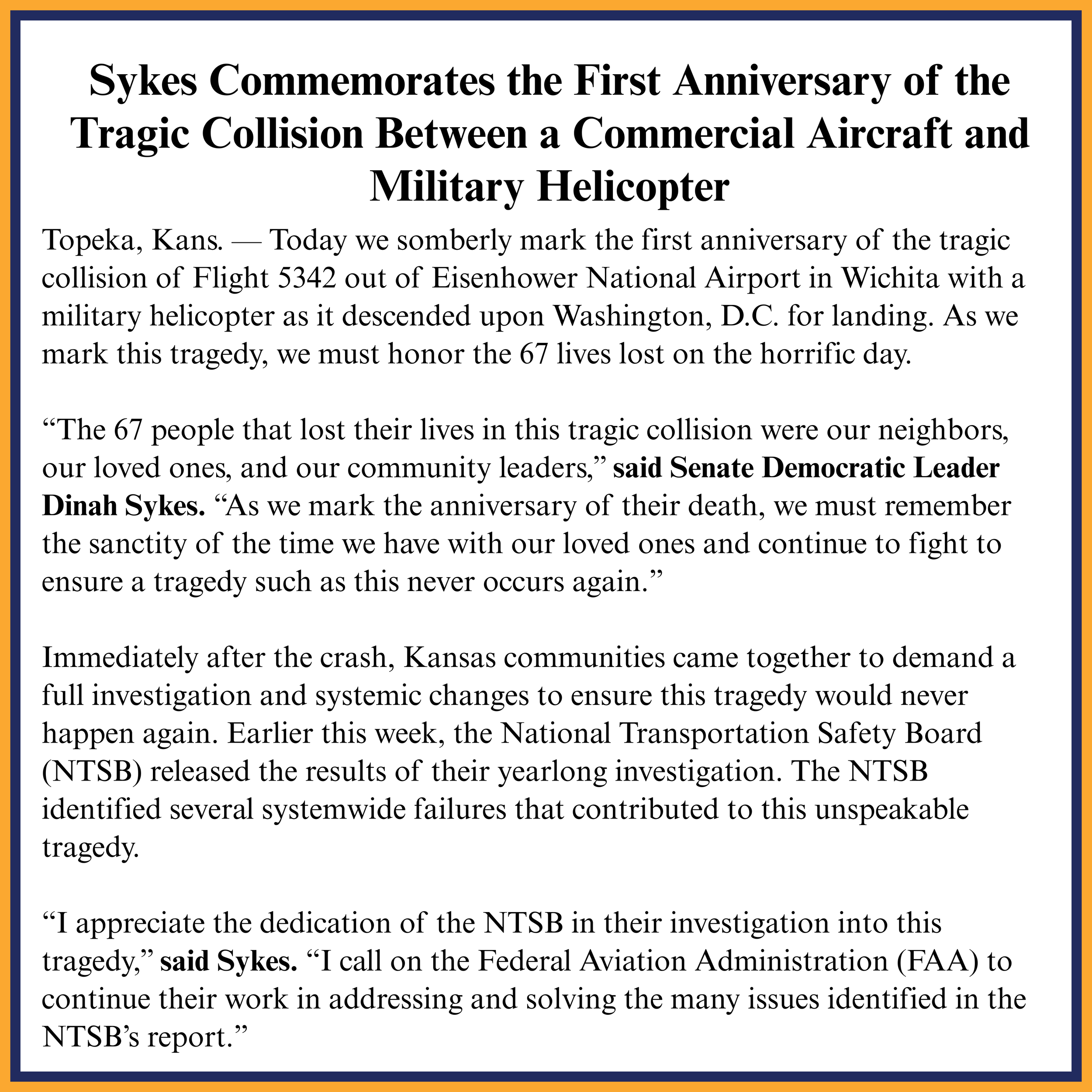 Sykes Commemorates the First Anniversary of the Tragic Collision Between a Commercial Aircraft and Military Helicopter