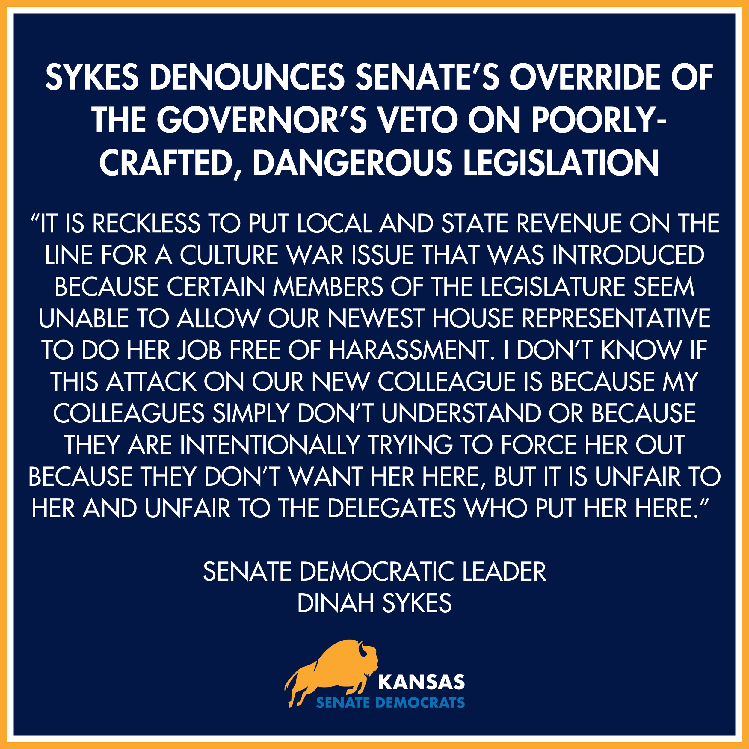 Sykes Denounces Senate’s Override of the Governor’s Veto on Poorly Crafted, Dangerous Legislation