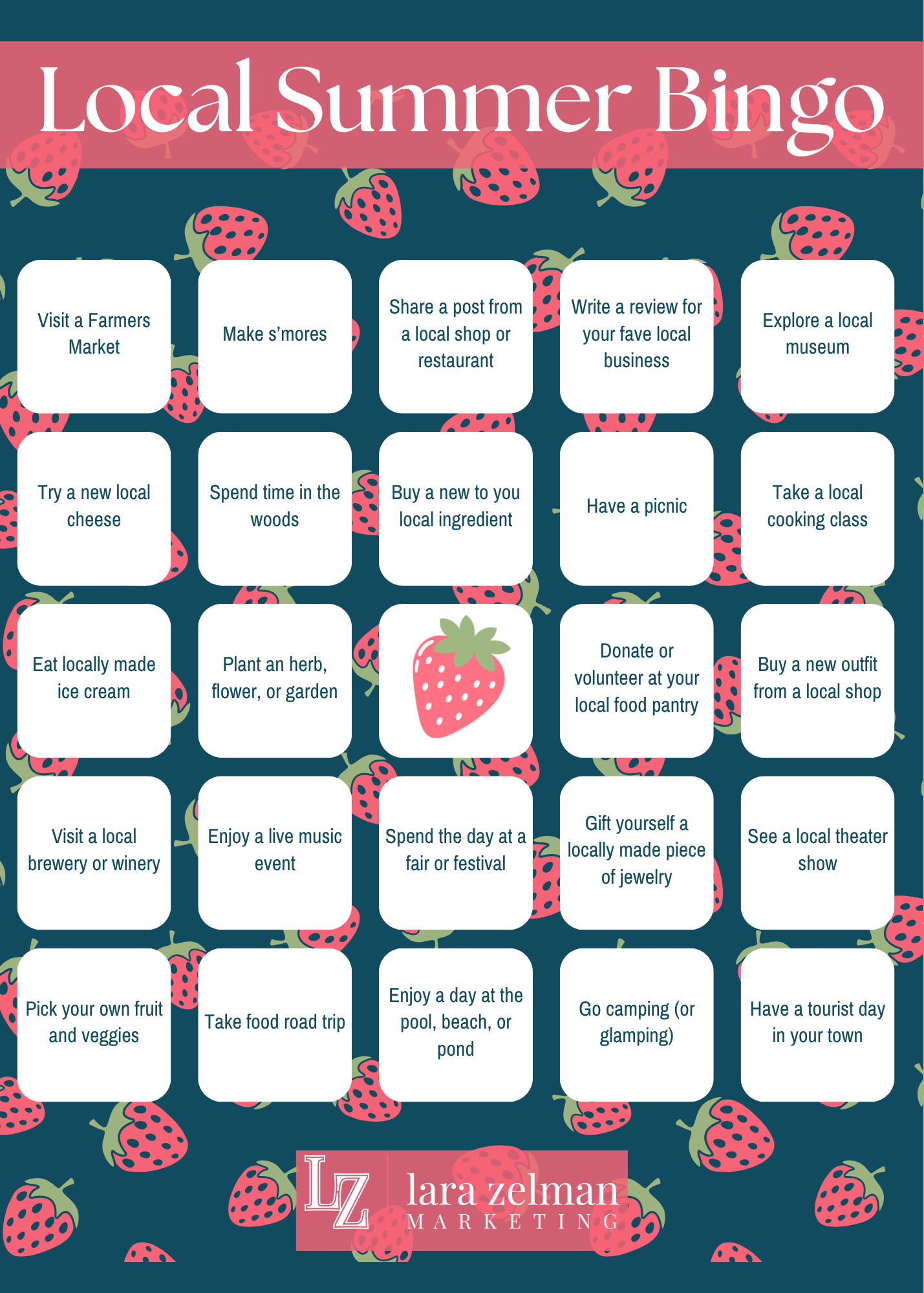Local Summer Bingo card. 5 by 5 grid of summer local activities with a background of strawberries.