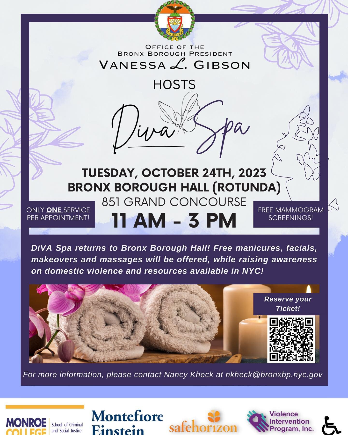 DiVA Spa returns to Bronx Borough Hall! Veteran's Memorial Hall will be transformed into a fully operational salon offering free manicures, facials, makeovers, and massages while raising awareness of 
domestic violence and resources available in NYC.