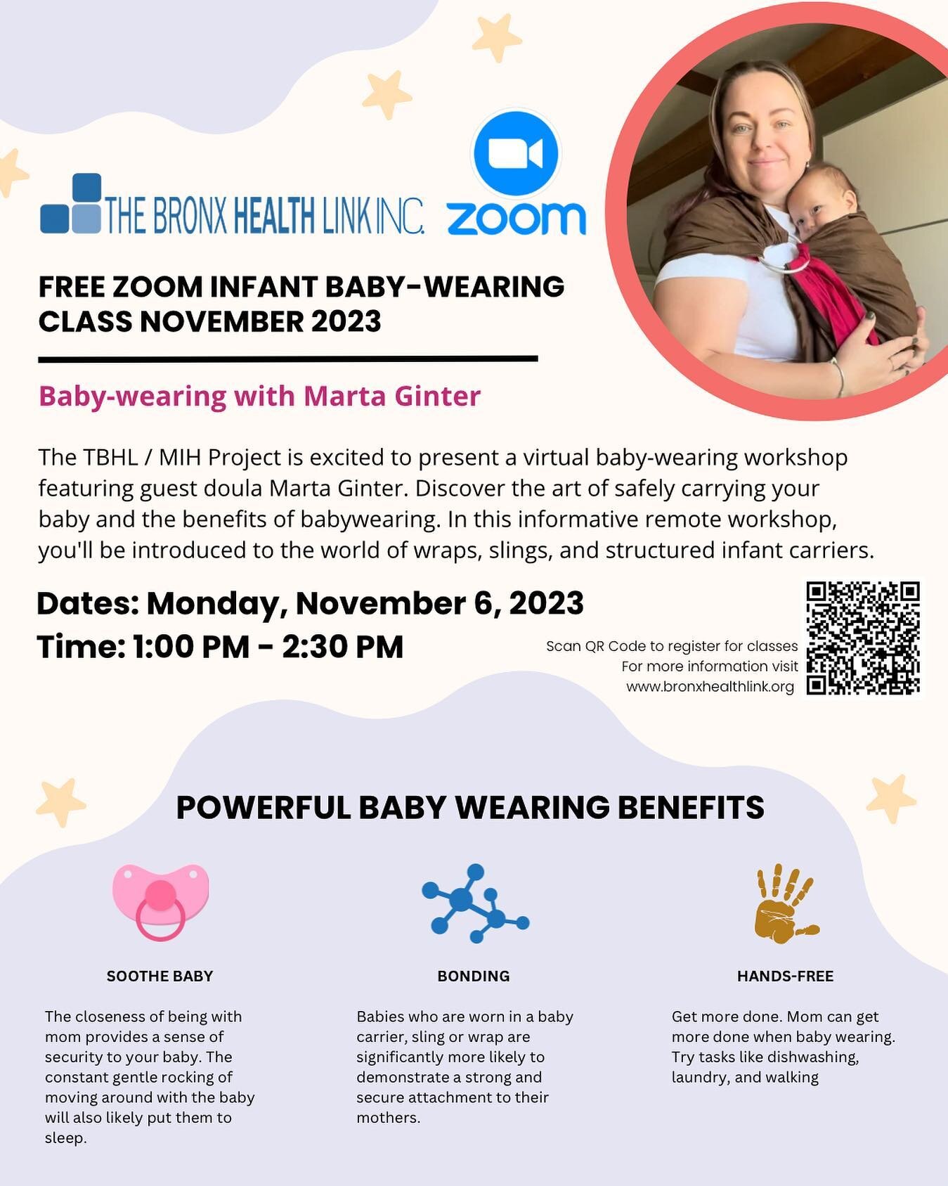 The TBHL / MIH Project is excited to present a virtual baby-wearing workshop featuring guest doula @martaginterdoula Discover the art of safely carrying your baby and the benefits of babywearing. In this informative remote workshop, you'll be introdu