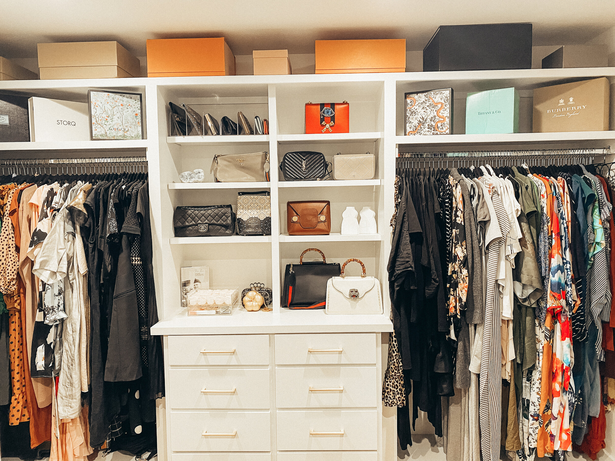 Closet with organized shelves and hanging clothes by Stay Golden Organizing