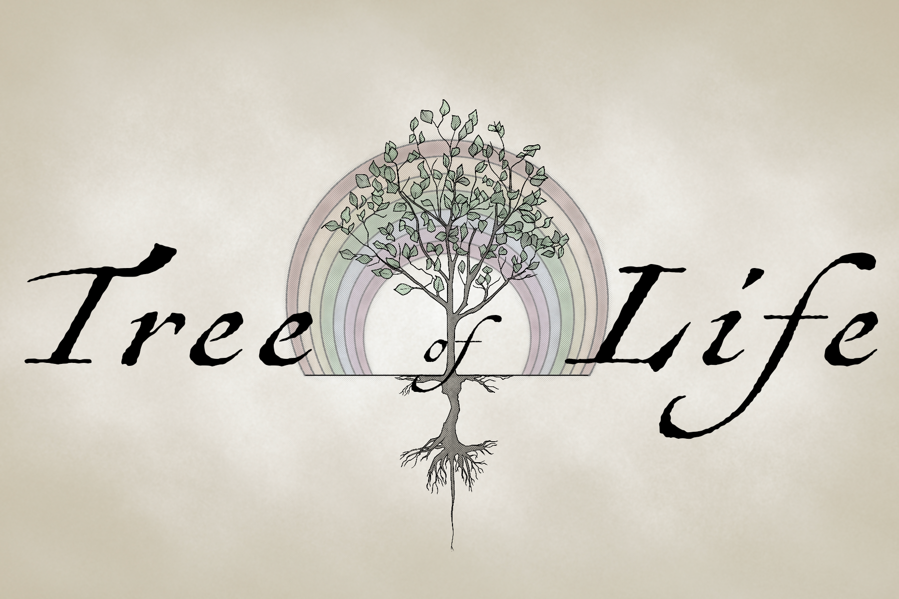 Logo with a tree and the words 'Tree of Life' in cursive font, featuring a lime green, purple, and gray rainbow design behind the tree.