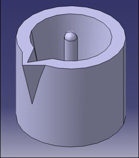 CATIA model of the custom crucible, including a pouring divot and center rod for internal heat detection.