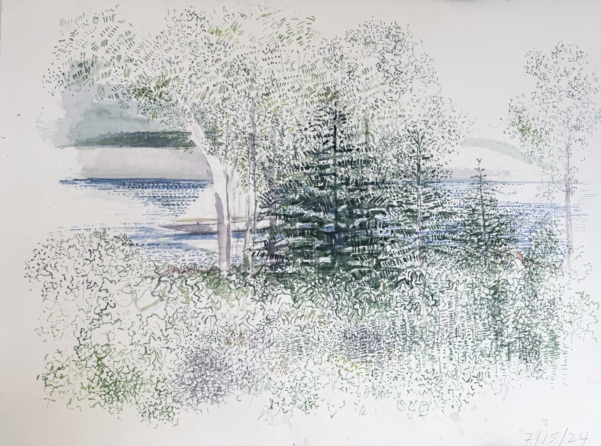 Sailing on the Damariscotta 1, 2024, watercolor on paper, 27.25 x 35"