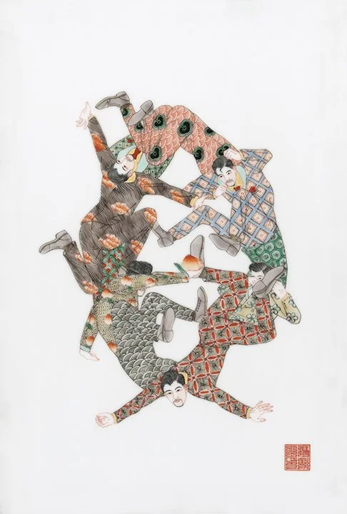 Five Heads and Ten Bodies, 2025, overglaze five colors on ceramic painting, 12.25 x 8 in.