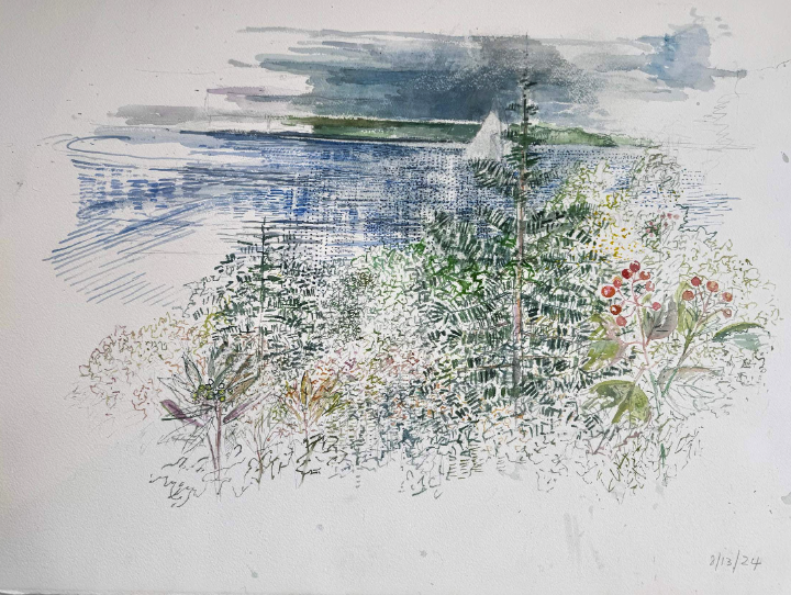 Sailing on the Damariscotta 2, 2024, watercolor on paper, 27.25 x 35"