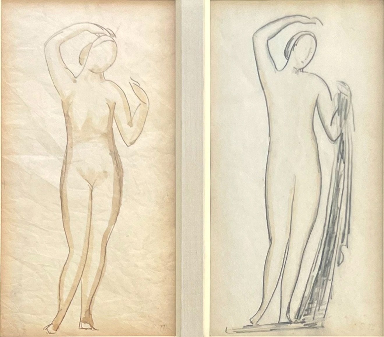 2 Drawings for Sculpture, 1929-1930, ink wash and pencil on paper, 8 x 4" each