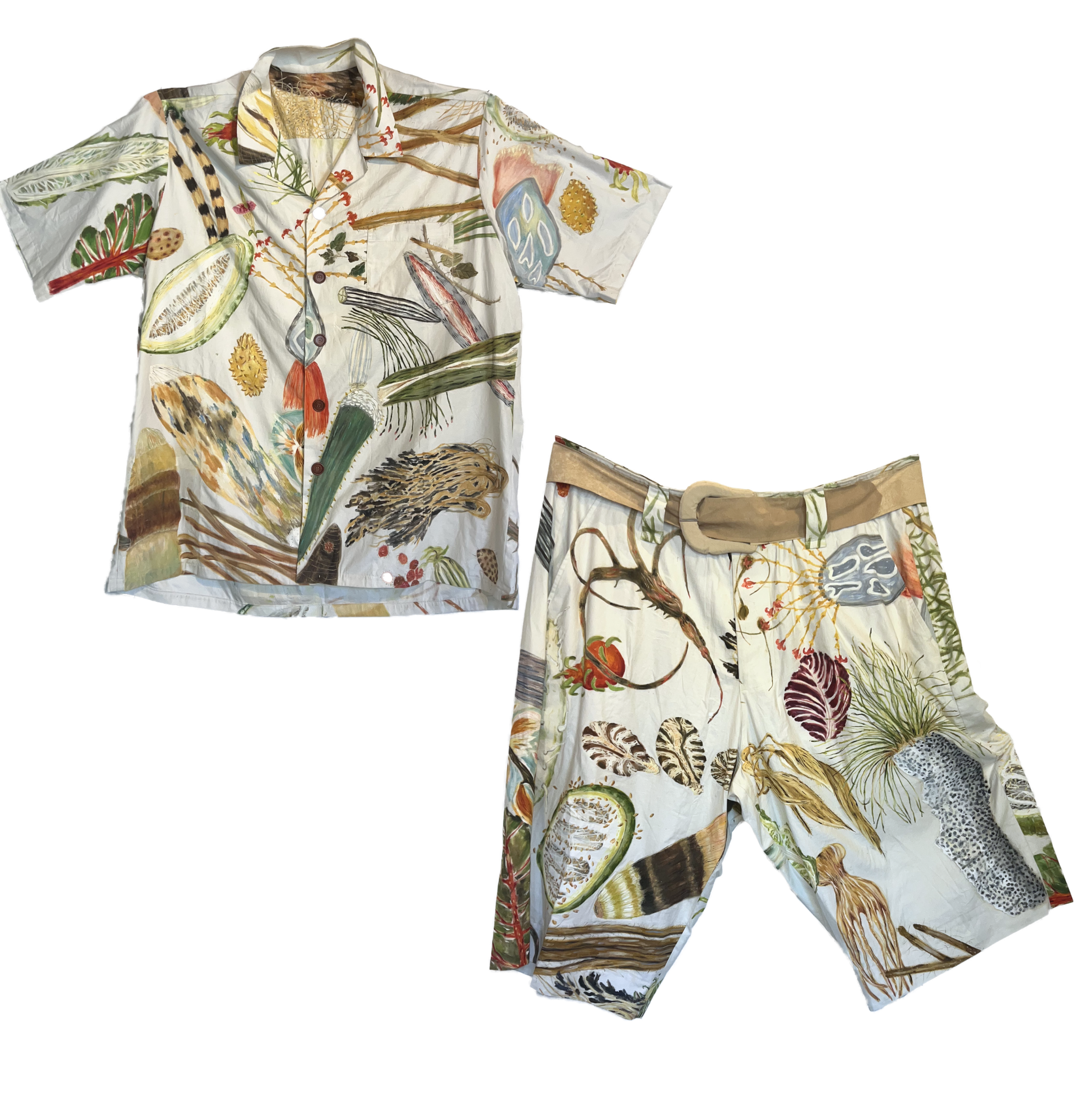 Vegetable Shirts, Shorts & Belt, 2026, oil on sewn canvas, shirt: 70 x 72 in. shorts: 64 x 48 in.