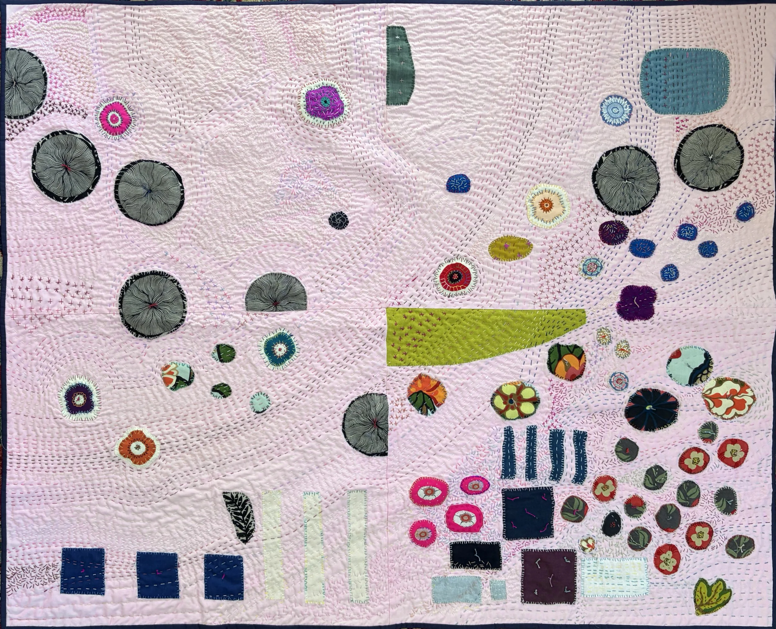Pink Hand Embroidered Wall Hanging/Quilt, 43 x 53 in.