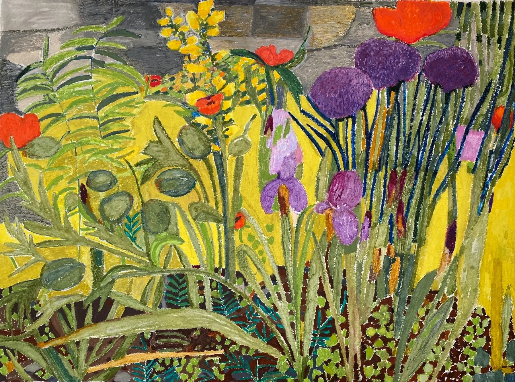 Along the Wall, Oil Pastel on Paper, 35 x 46 in.