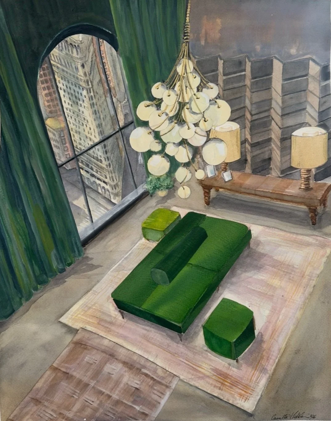 Looking Out at Flat Iron Building, 2026, watercolor & collage on paper, 18 x 14 in.