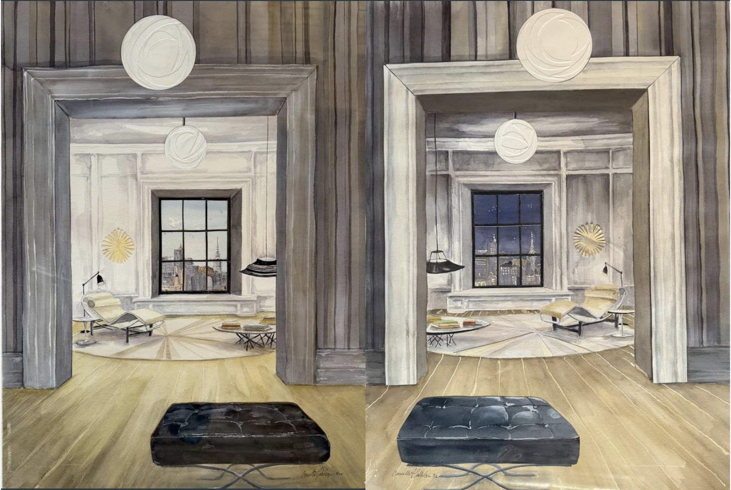 Chrysler View, Night and Day, 2026, watercolor and collage on paper, 23 x 17.5 in. each