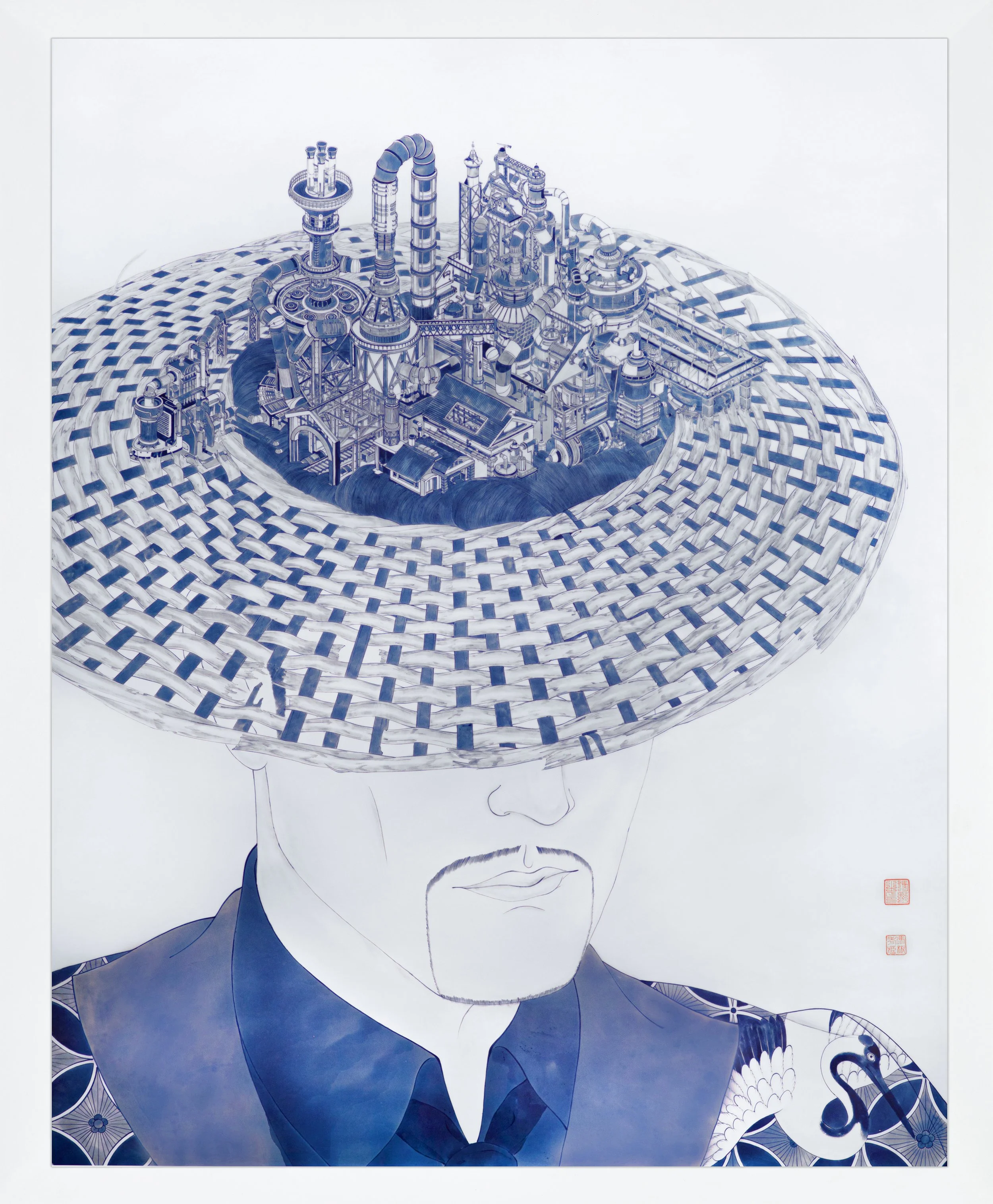 The Suitman Series, Straw Hat, 2023, Oriental Realistic Painting on Porcelain Plate, 72 x 48 in.