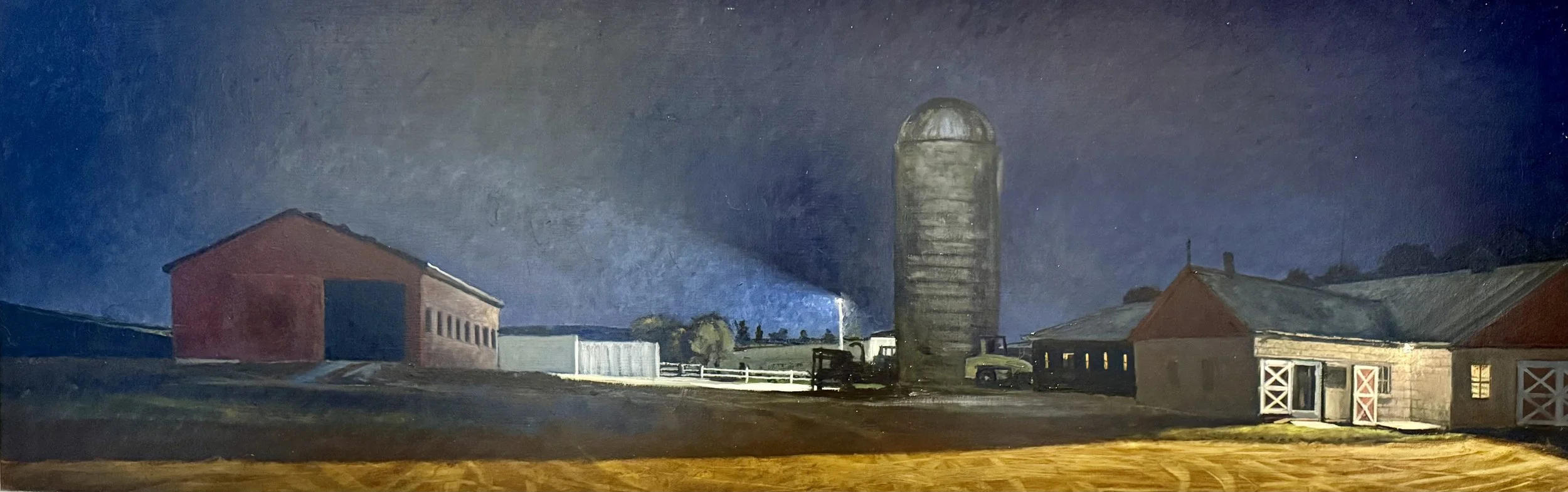 Night Fallen Farm, 2026, oil on panel, 16.375 x 48 in.