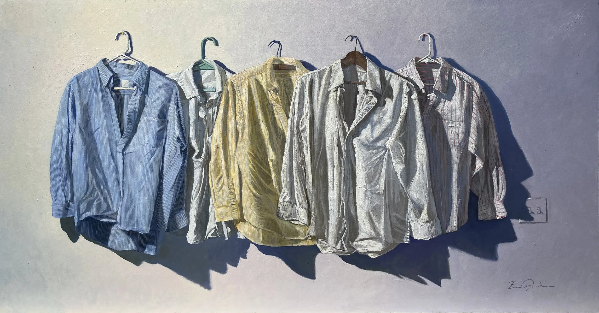 5 Shirts at 7:41 p.m., 2021, oil on panel, 24 x 45.75"