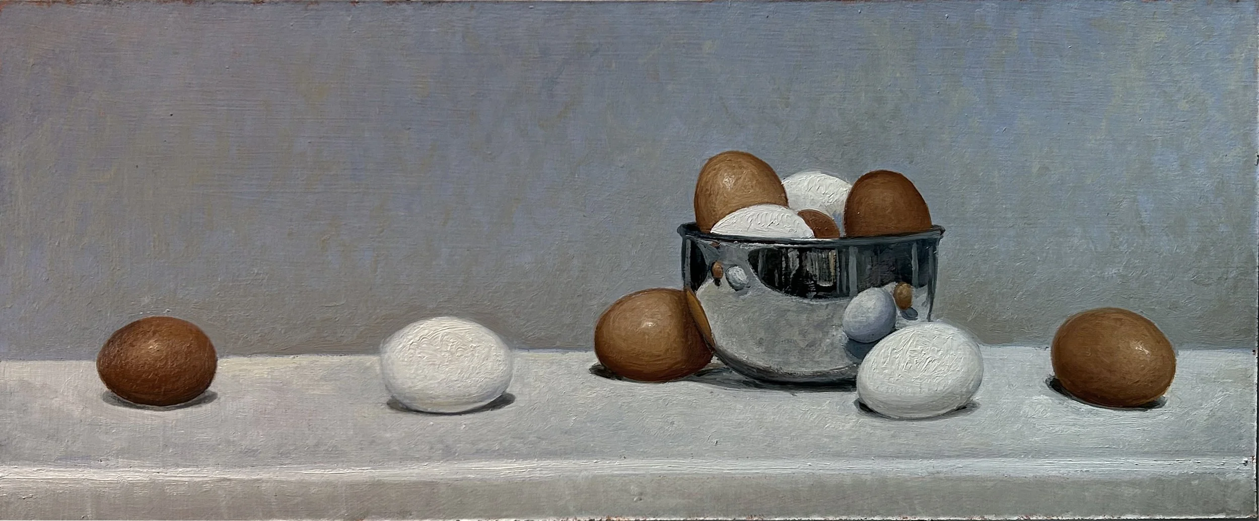 Eggstrapolate, 2026, oil on masonite, 8.75 x 21.5 in.