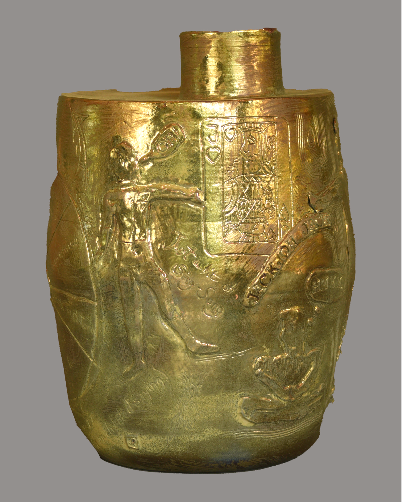 Jack of Hearts, 2025, earthenware + in-glaze reduction luster, 15 x 9.5 in.