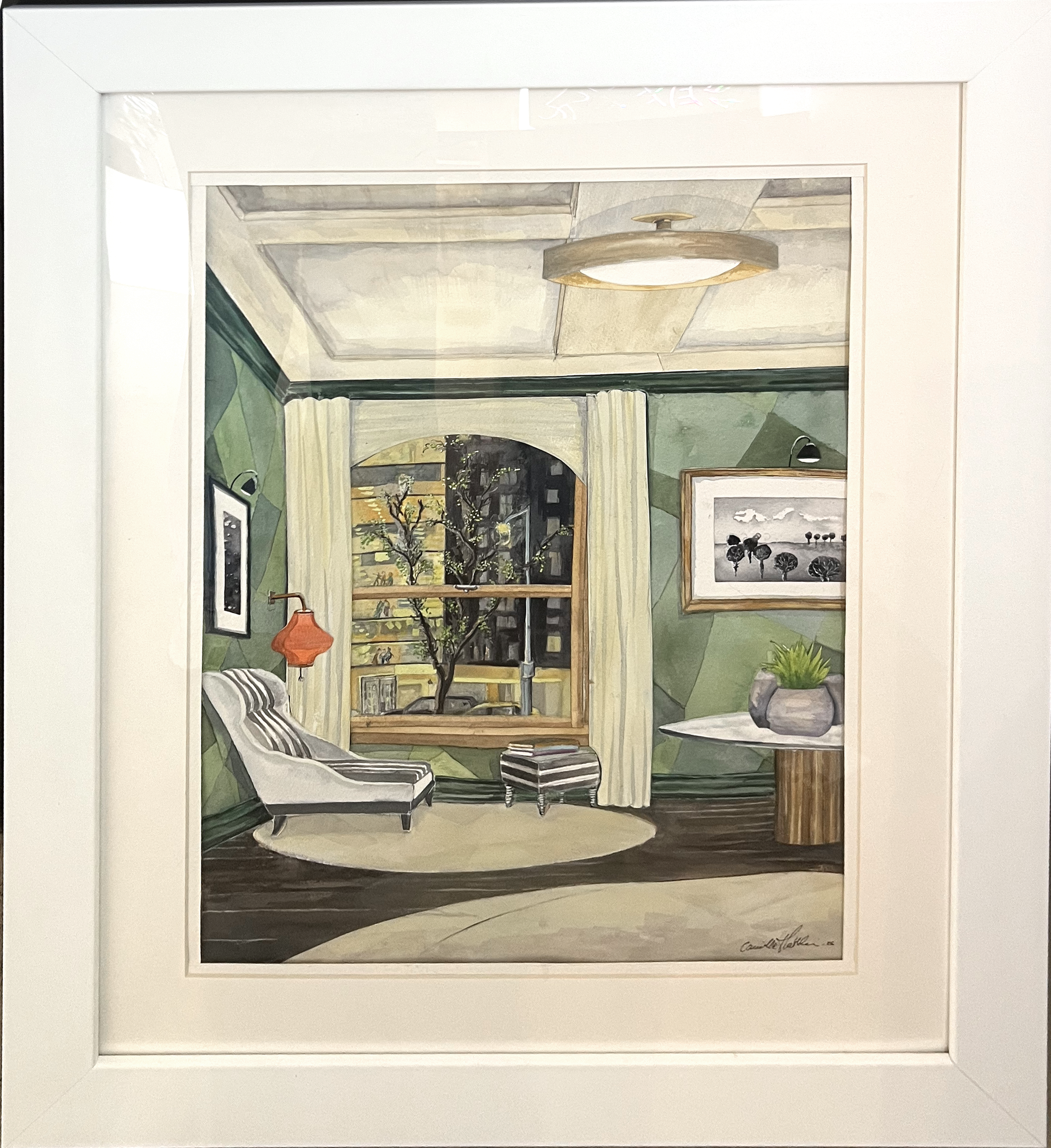 SOLD Overlooking MoMA, 2026, watercolor & collage on paper, 19 x 14 in.