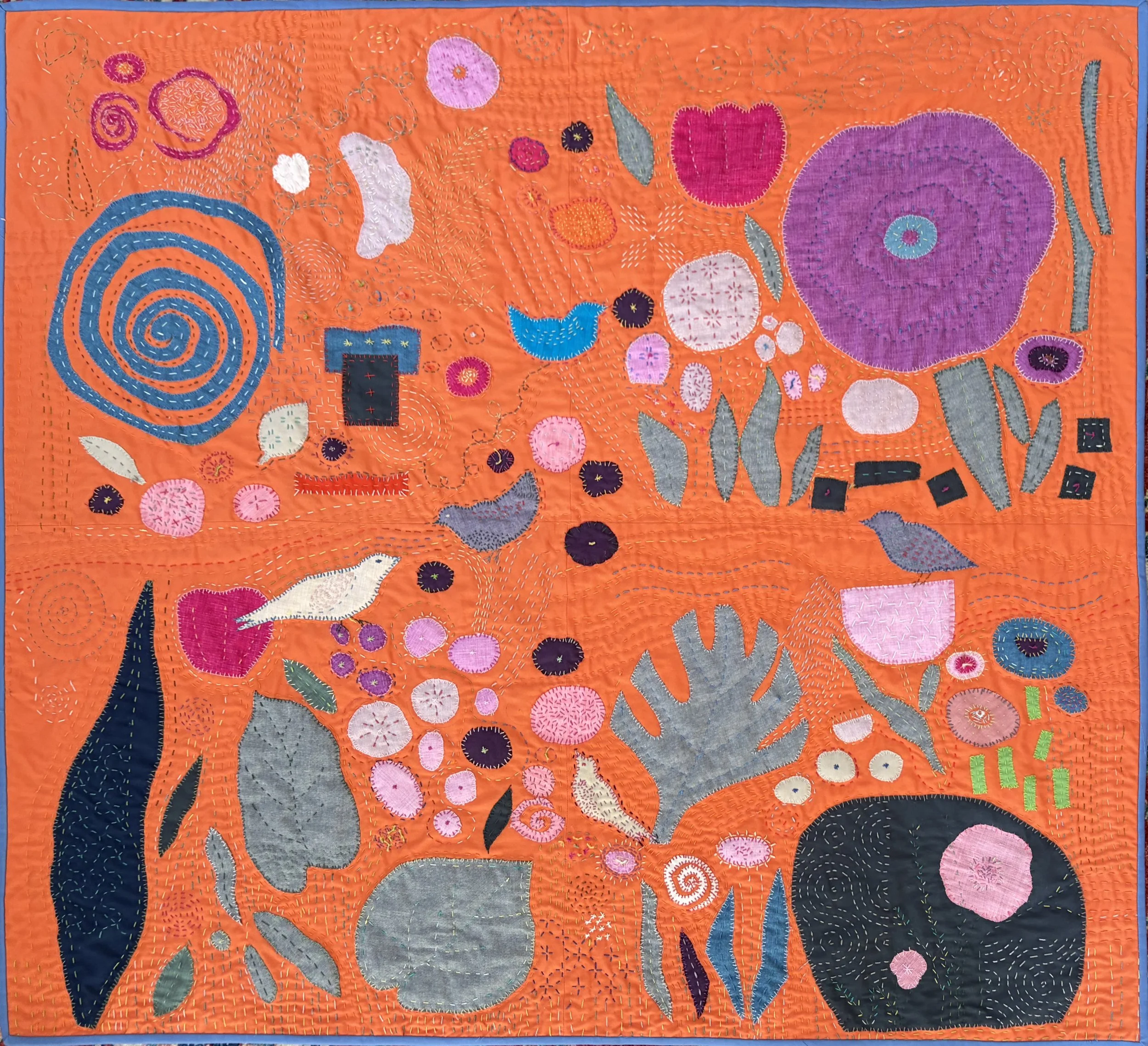Orange Hand Embroidered Wall Hanging/Quilt, 41 x 45 in.