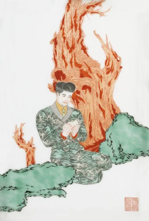 World Peace, 2025, overglaze five colors on ceramic painting, 12.25 x 8 in.