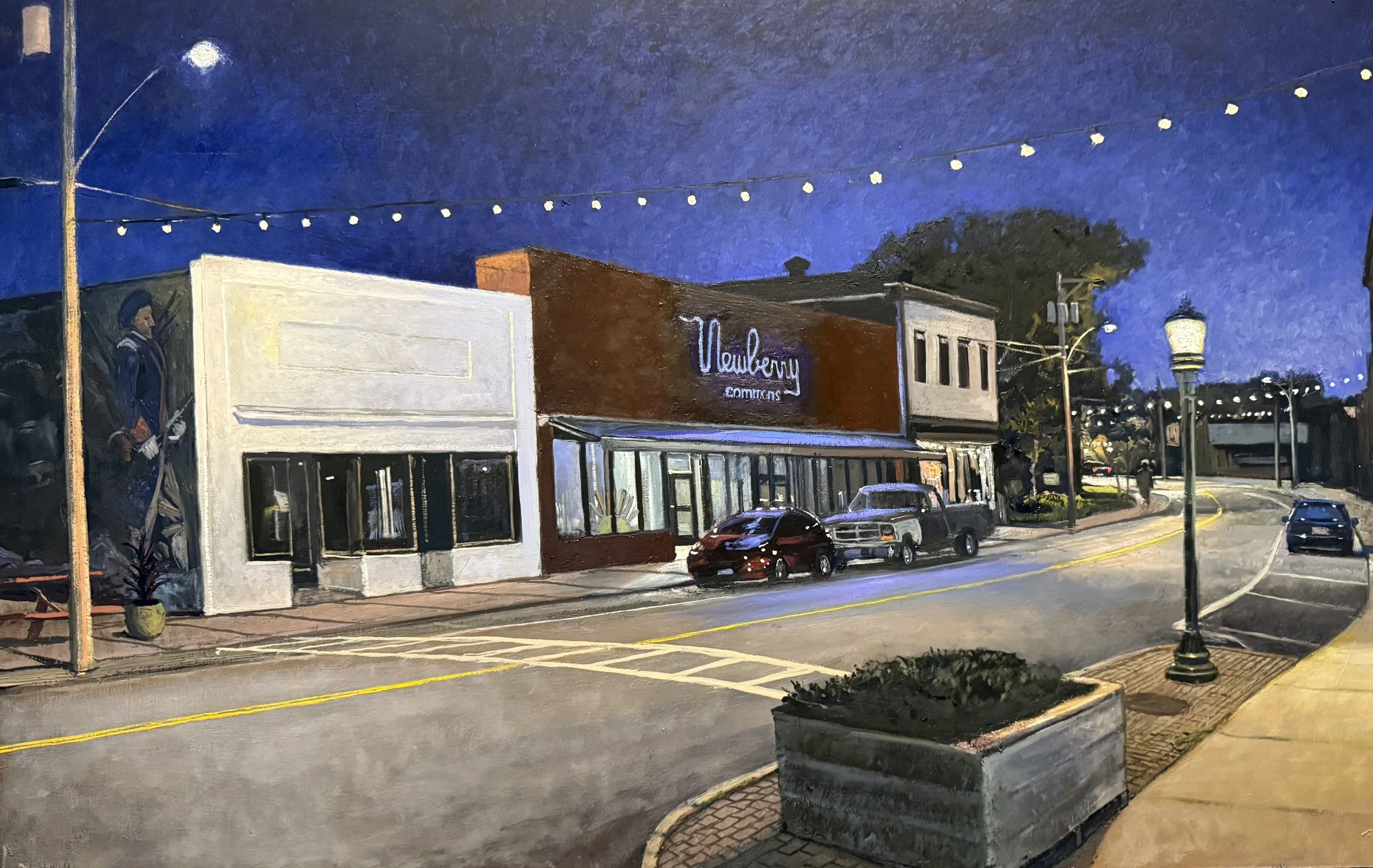 Blue Light Special, 2026, oil on panel, 17.75 x 30 in.
