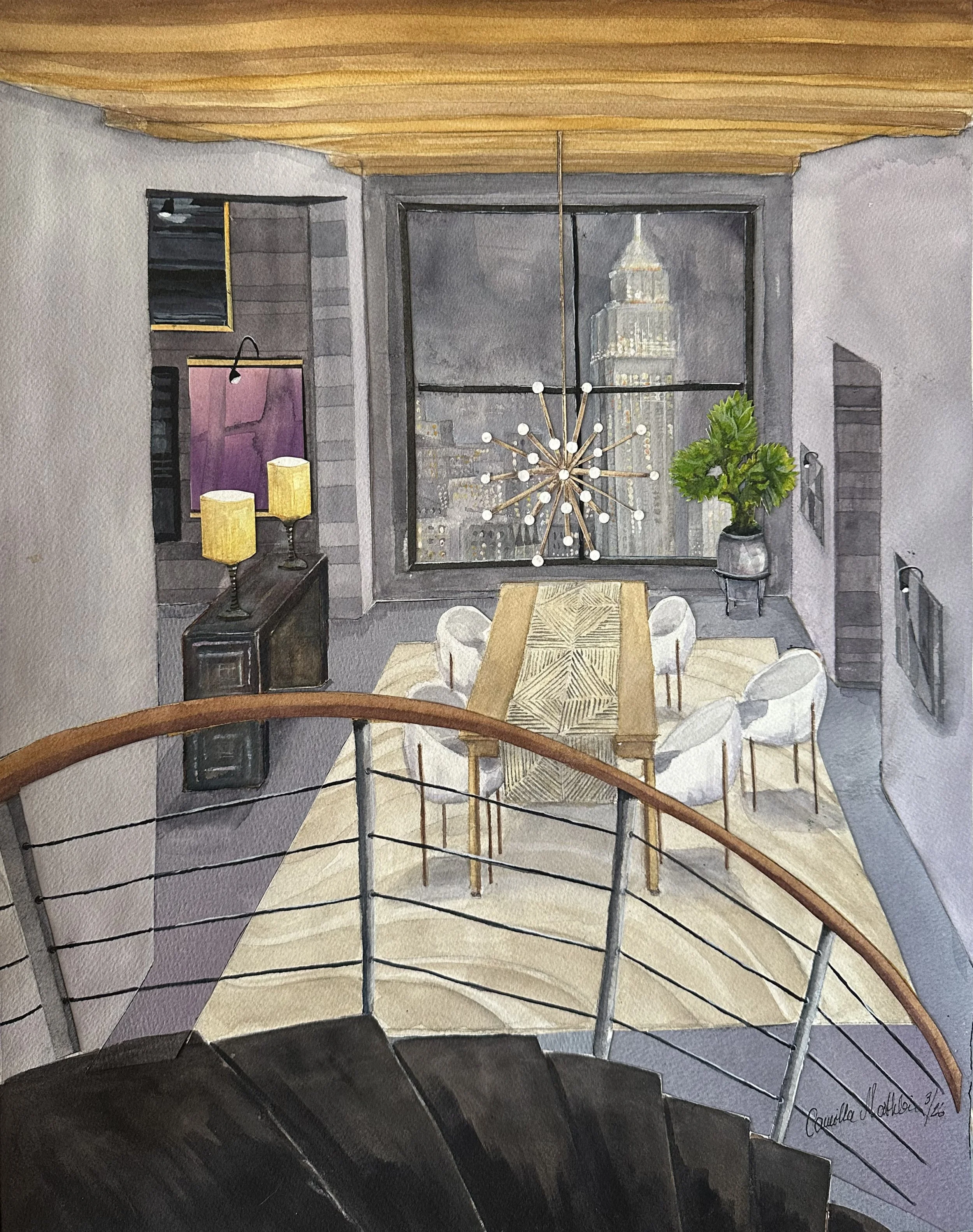 View of Empire State Building, 2026, watercolor & collage on paper, 18.5 x 14.5 in.