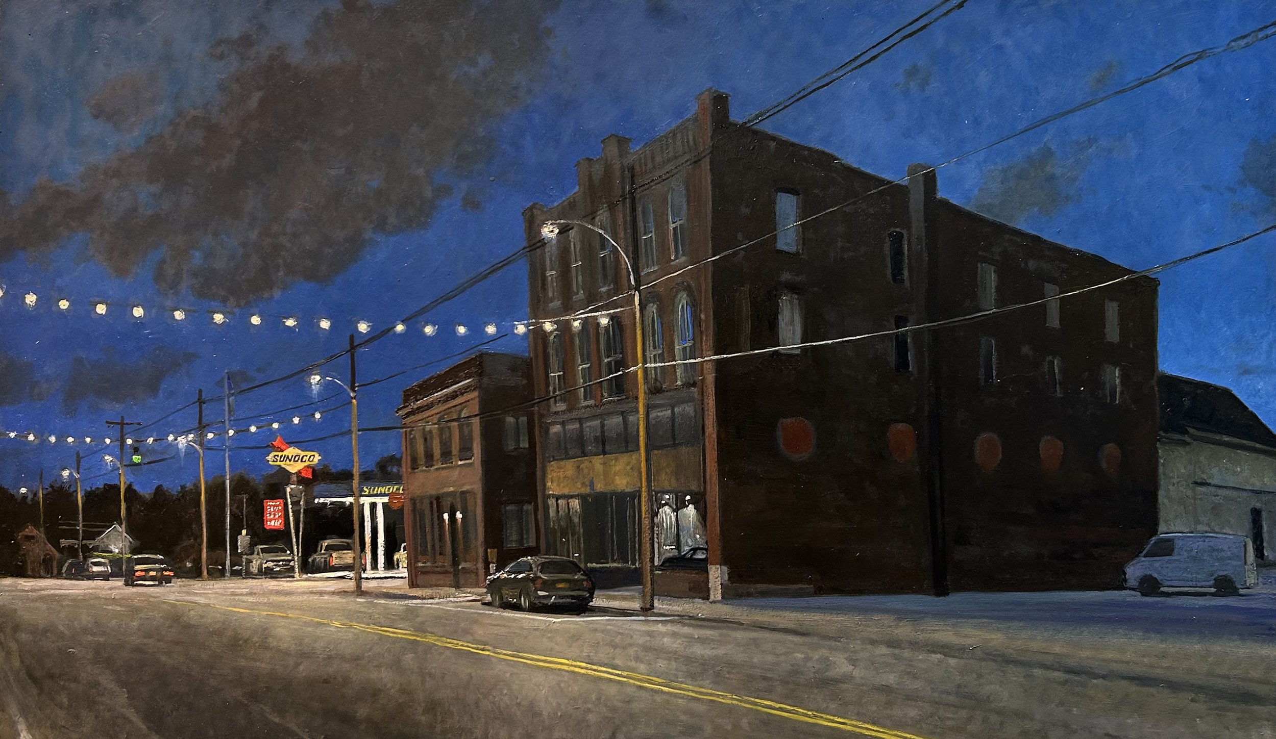 SOLD Downtown America, 2025, oil on masonite, 16.25 x 28.5 in.