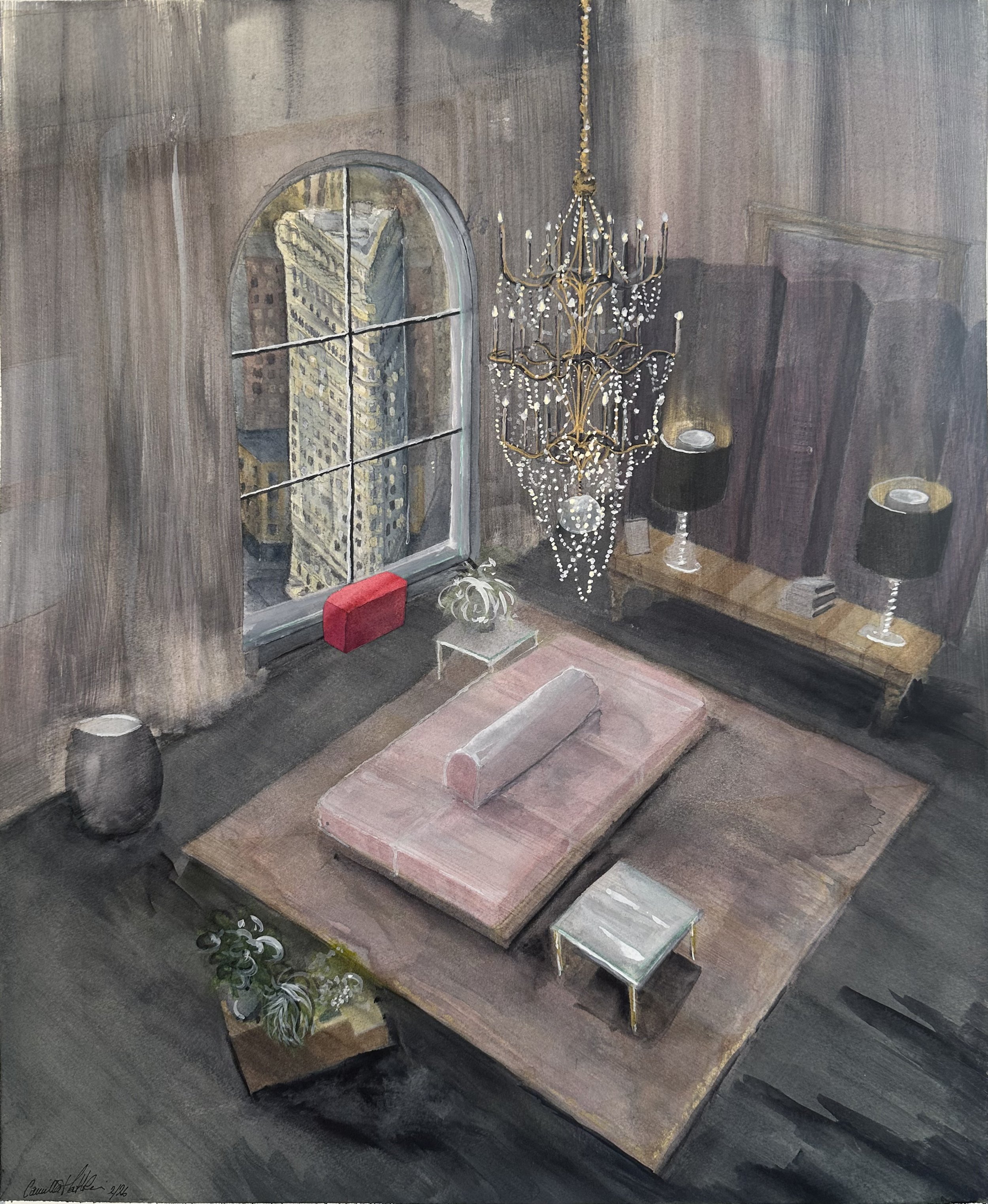 Evening Overlooking Flat Iron Building, 2026, watercolor & collage on paper, 20.5 x 16 in.