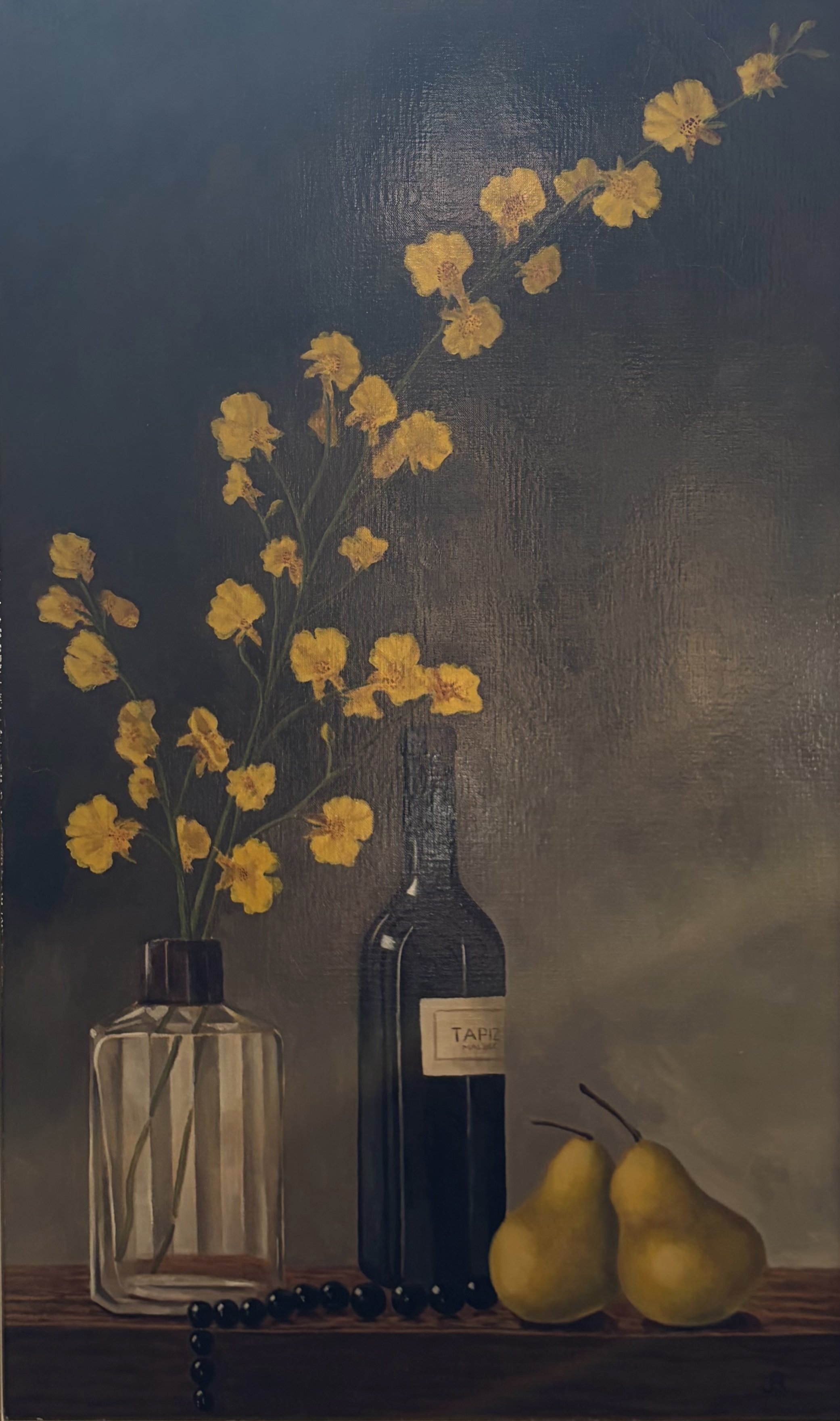 Still Life: Wine Bottle, Pears, Necklace and Forsythia, oil on canvas, 30 x 18 in.