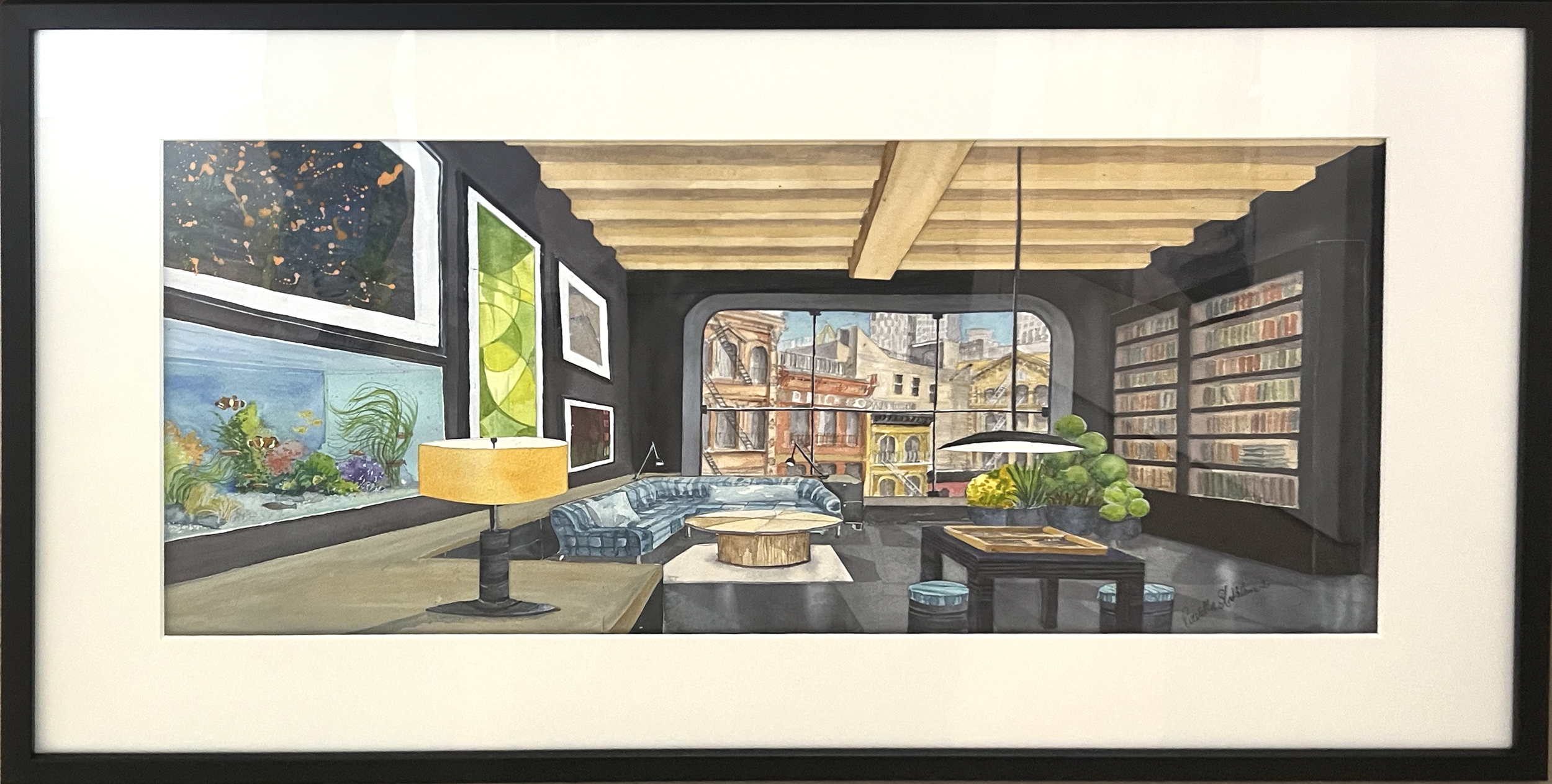 SOLD Interior with Fish Tank, 2026, watercolor & collage on paper, 10.5 x 22 in.