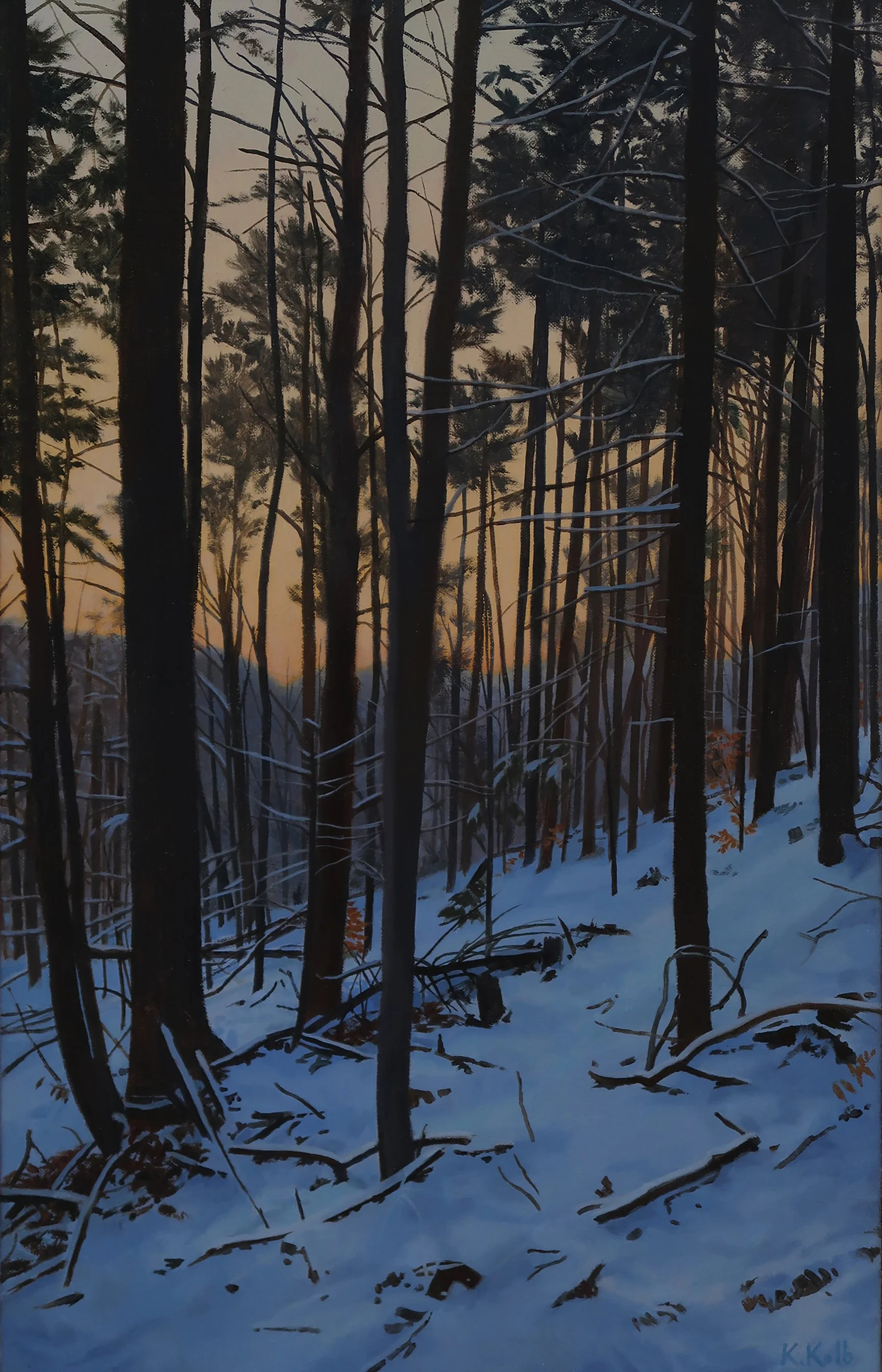 Winter Woods, oil on linen, in handcrafted hardwood float frame, 22 x 14 in.