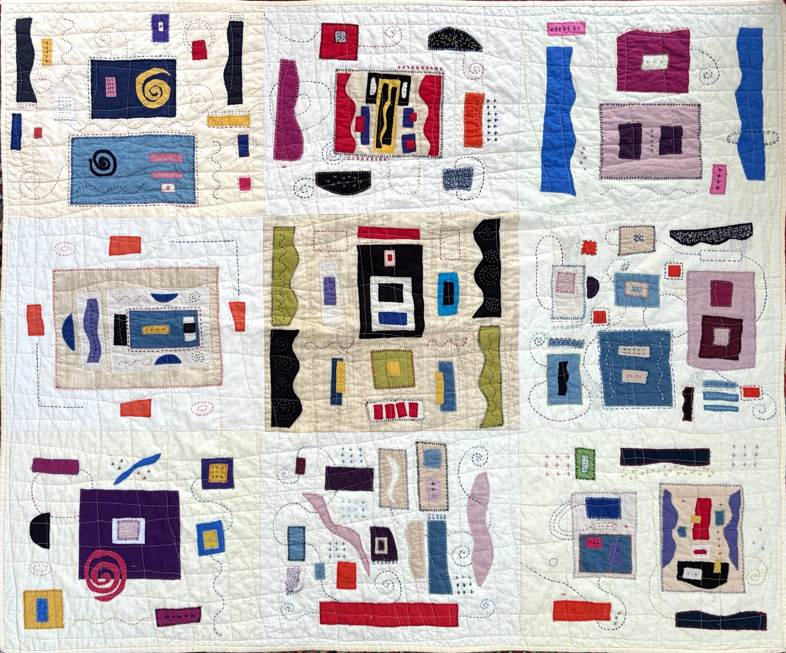 White Hand Embroidered Wall Hanging/Quilt, 49 x 59 in.