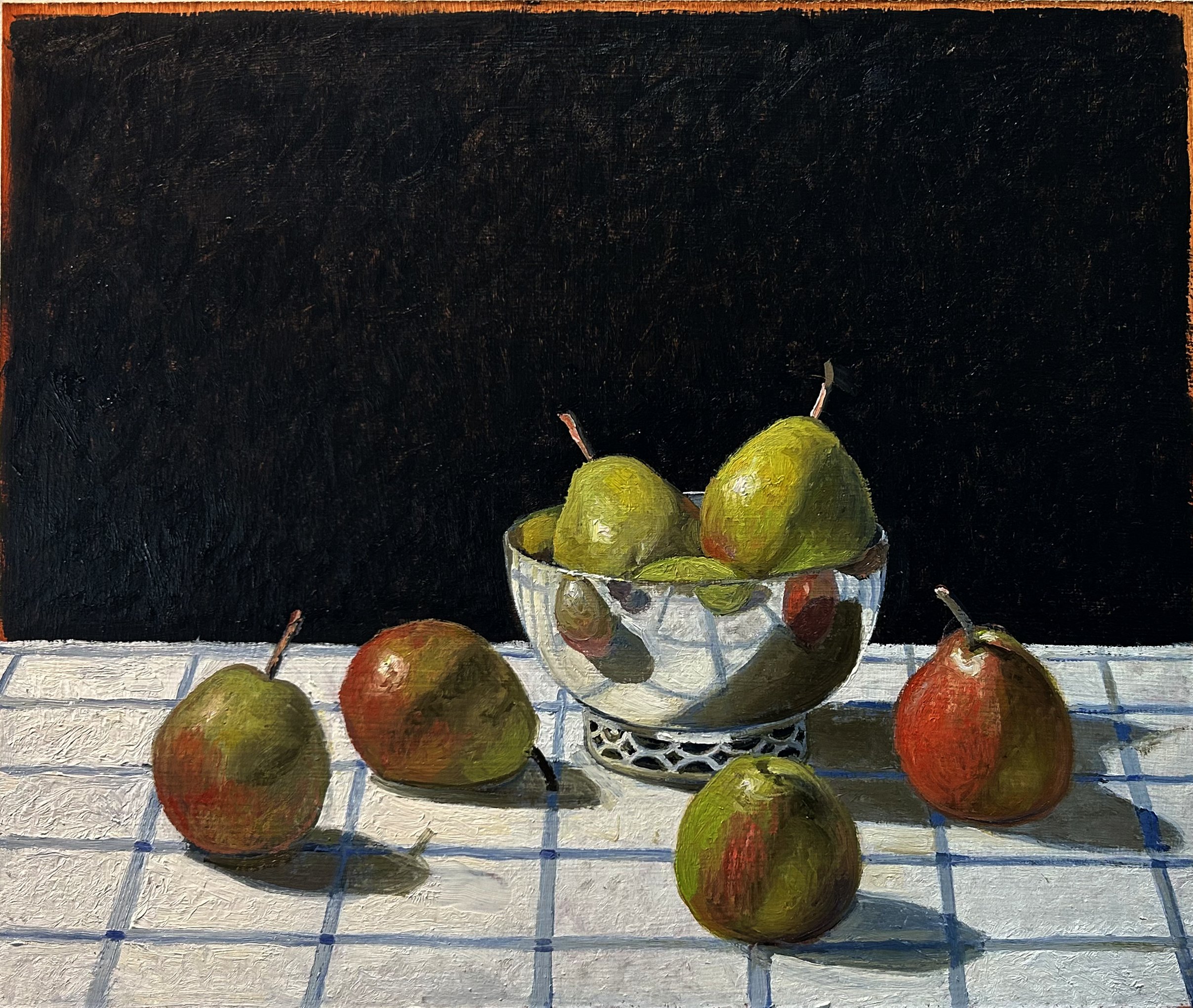 Forelle Pears on a Dishrag, 2026, oil on masonite, 11 x 13 in.