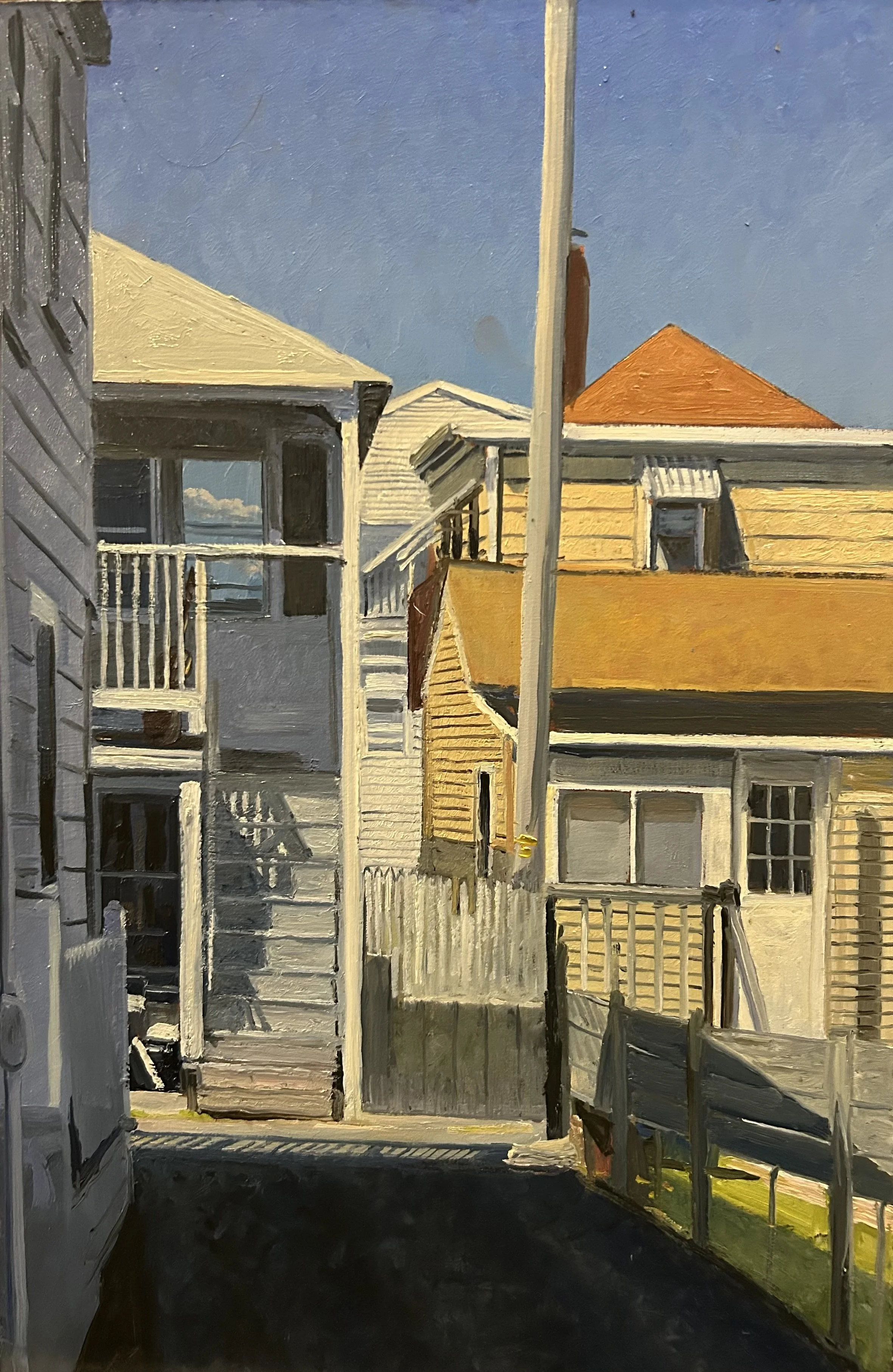 Summer Alley, 2026, oil on masonite, 15.25 x 9.875 in.