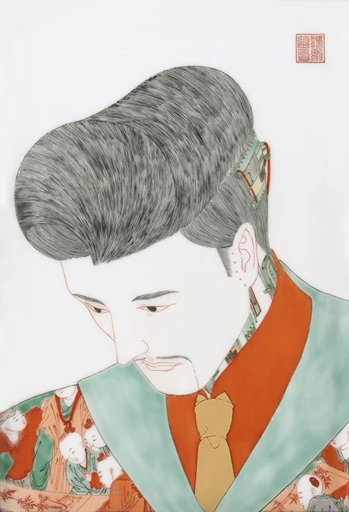 Brain-Computer Interface, 2025, overglaze five colors on ceramic painting, 12.25 x 8 in.