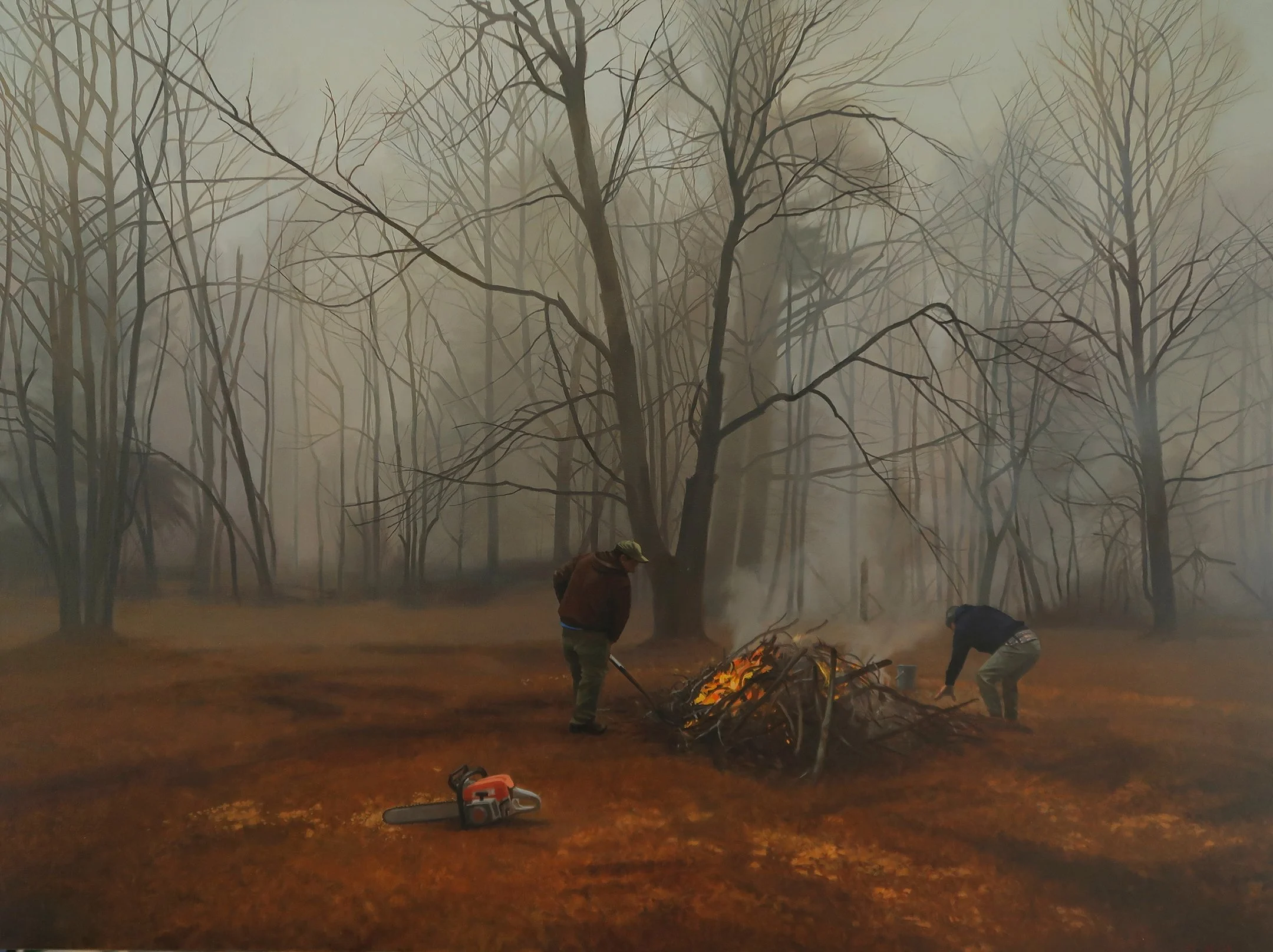 Fog, Fire, Smoke, oil on linen, in hand crafted hardwood float frame, 30 x 40 in.