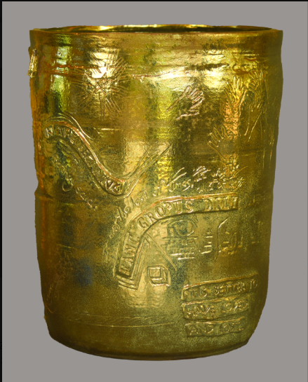 Visual Language, 2025, earthenware + in-glaze reduction luster, 14 x 11.5"
