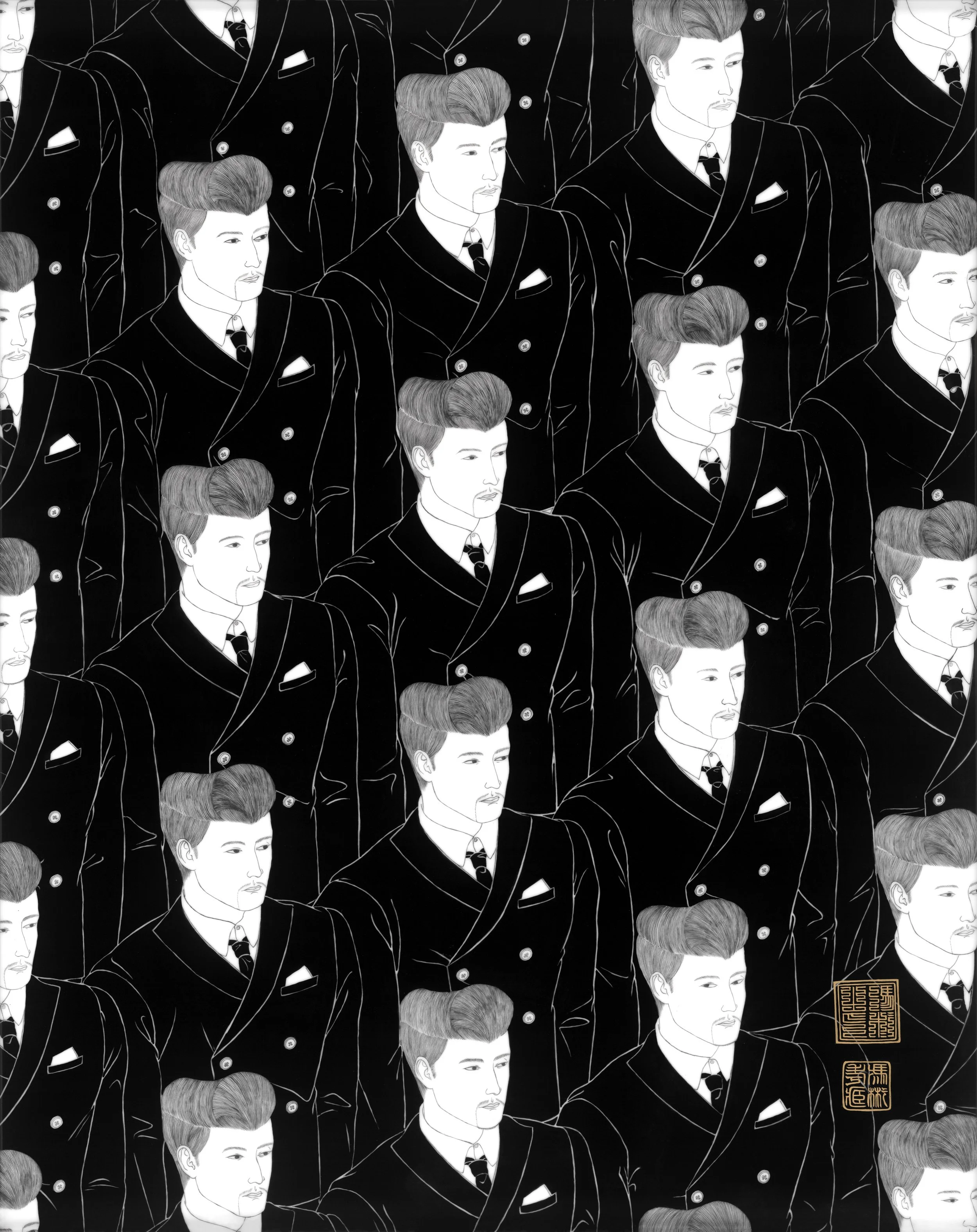 An Array of Suitmen, 2026, overglazed painting on ceramic panels, 27.5 x 22 in.