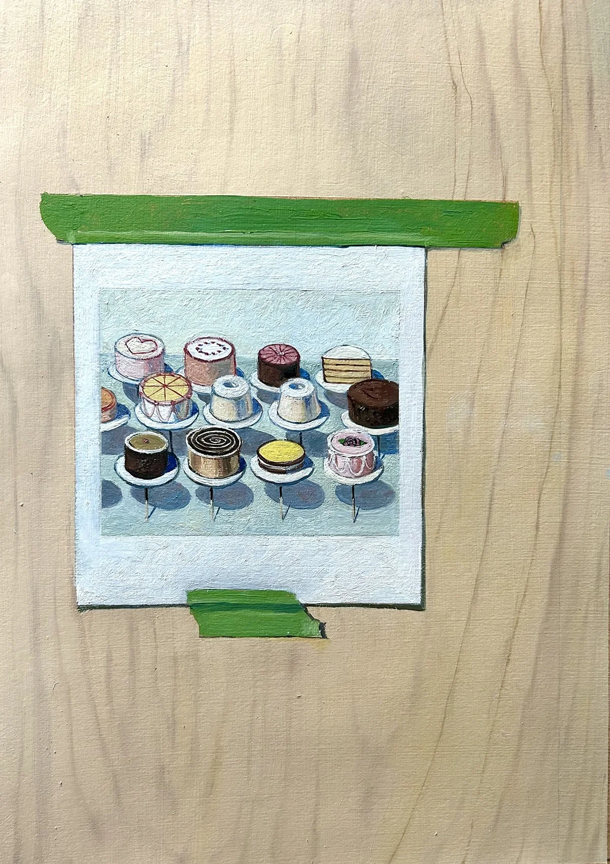 SOLD Taped Thiebaud, 2025, oil on paper, 19 x 13.5 in.