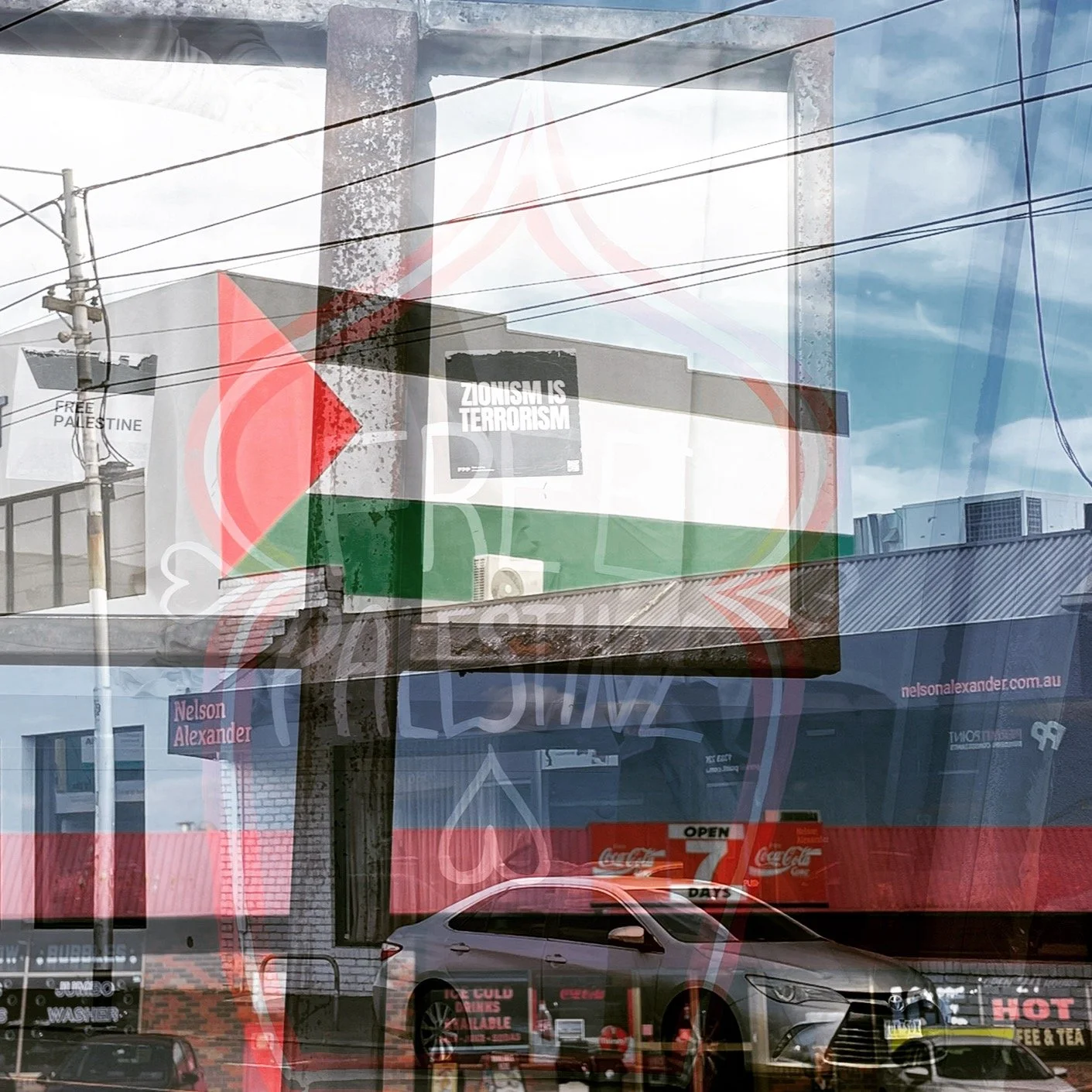 #sundayafternoon in #coberg #sydneyrd #freepalestine #australia #multipleimages #superimposition #threelayers #onourwaytothepostofficehotelbar #12months_12days_september_day11
