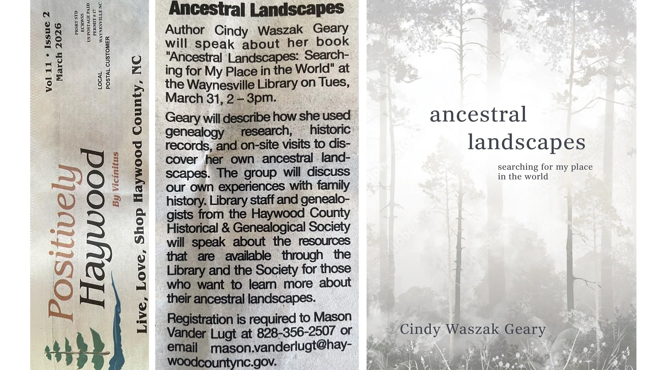 I am so looking forward to speaking about #AncestralLandscapes at the @haywoodlibrary828 in #WaynesvilleNC on March 31 at 2pm. Please register and come join us!!! Many thanks to the #HaywoodCountyGenealogicalandHistoricalSociety for co-sponoring this