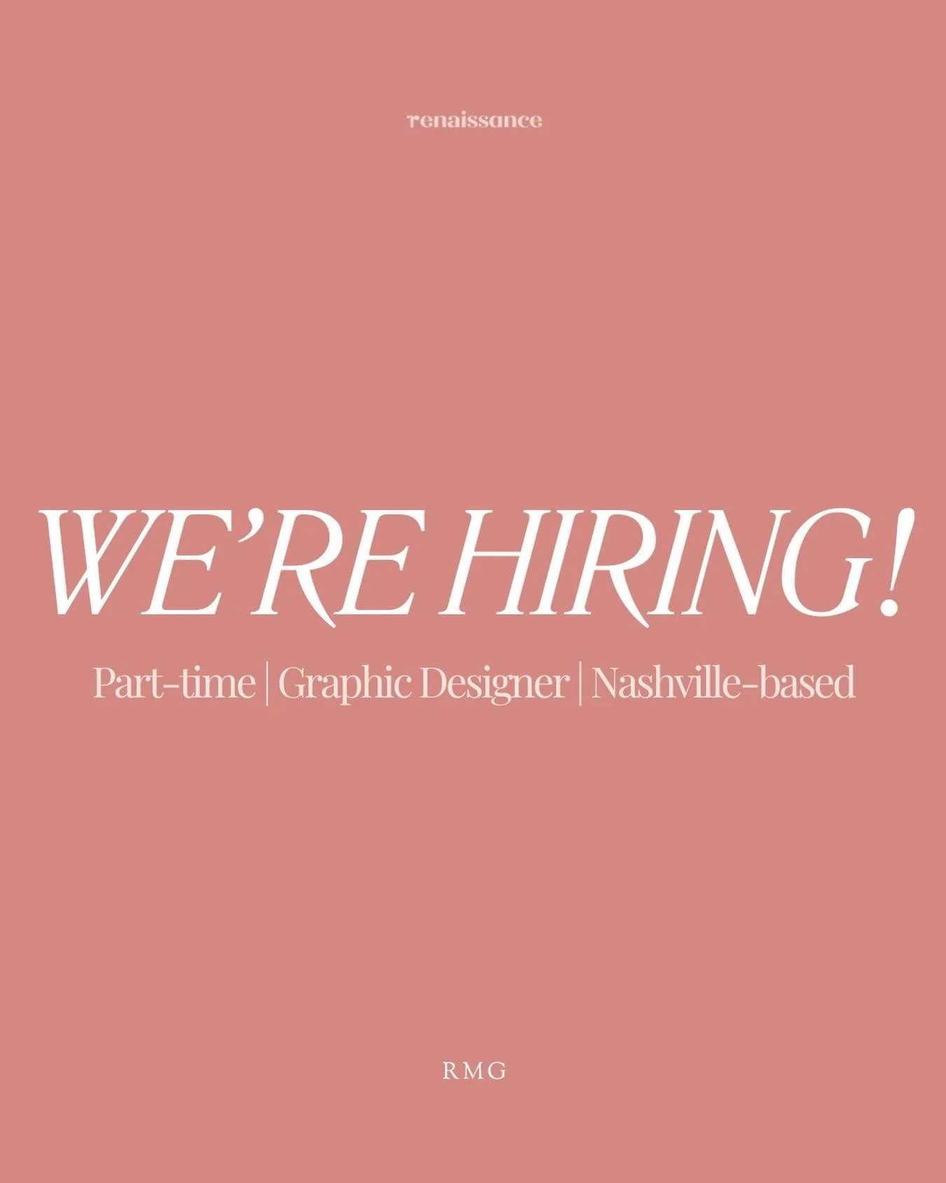 ✨ WE&rsquo;RE HIRING ✨
Part-Time Graphic Designer (Nashville-Based)

Renaissance Marketing Group is growing, and we&rsquo;re looking for a part-time Graphic Designer to join our Nashville-based team.

This role is for a designer who knows that great 