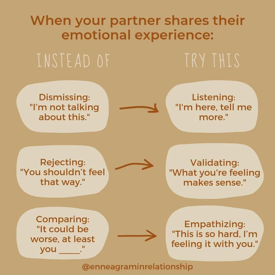 This is what emotional support can look like. 👆

We get there by presence, curiosity, and attunement. Learning to hold space for our partner's emotional experience and growing in these areas will be different for each Enneagram type.

Some questions