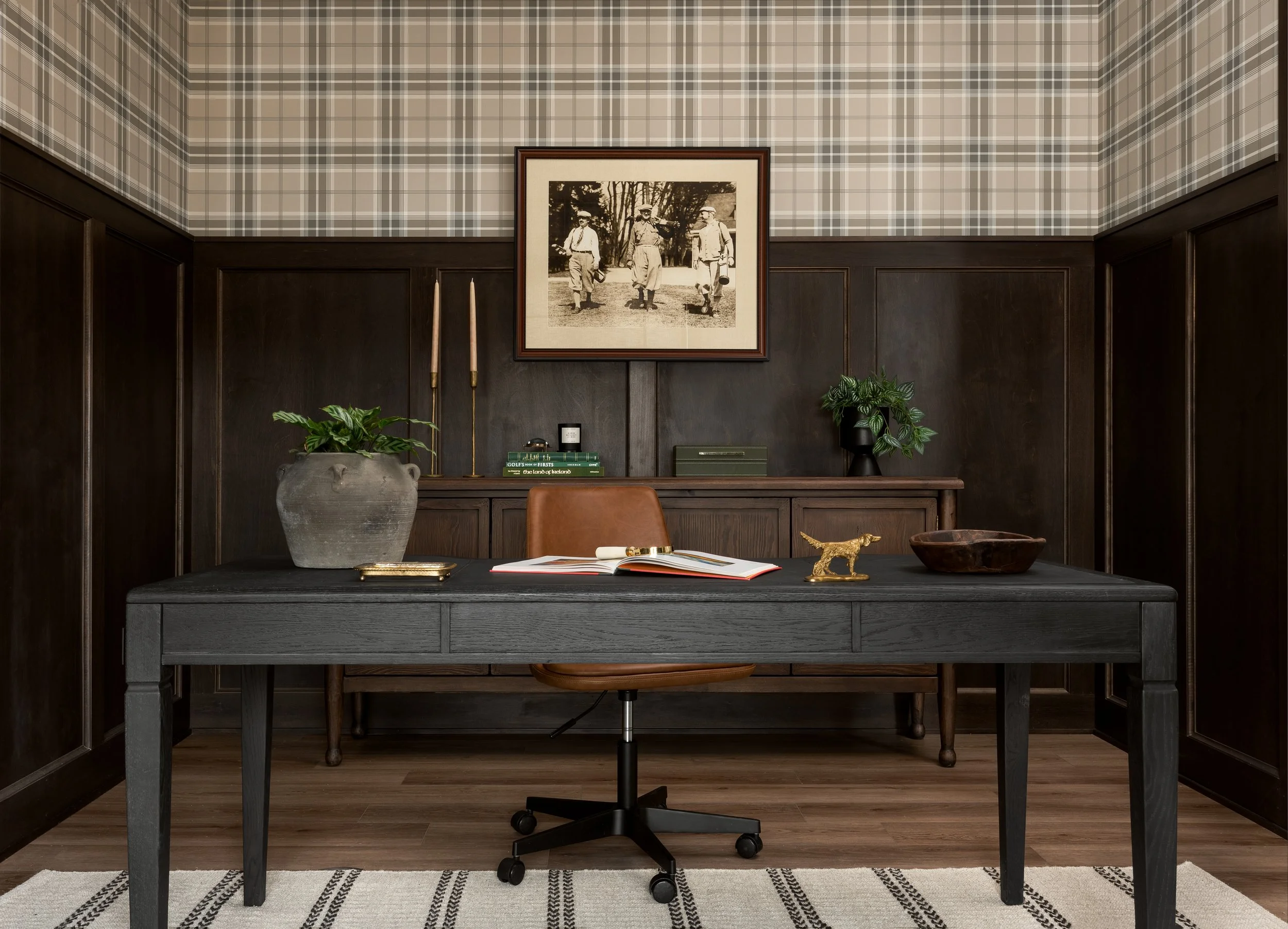 Moody Office Design with plaid wallpaper and wainscotting